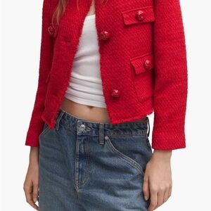 Mango Vibrant Red Tweed Cropped Jacket